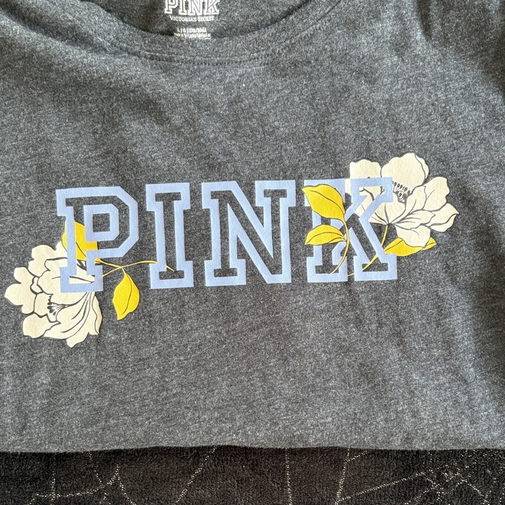 PINK Victoria's Secret Charcoal Tee with Floral Accents - Picture 6 of 7